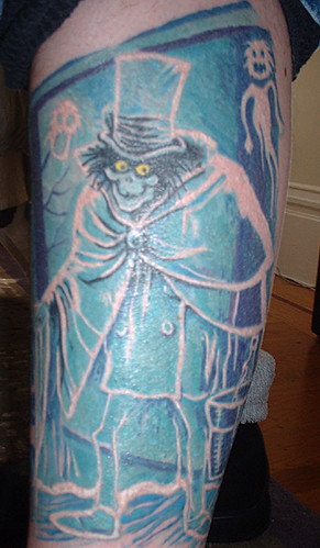 Tattoo on my left leg of the Hatbox Ghost, a figure who was briefly in the 