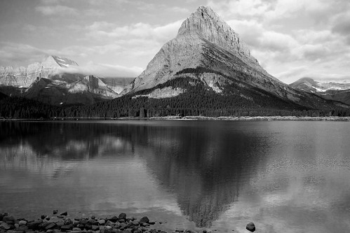 On the Shore of Swiftcurrent Lake B&W