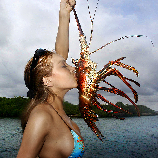 Hot Girl bikini kissing a lobster 