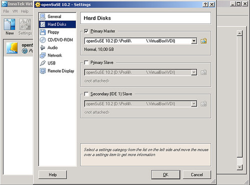 VirtualBox - virtualMachine - openSUSE10.2 - Settings - Hard Disk