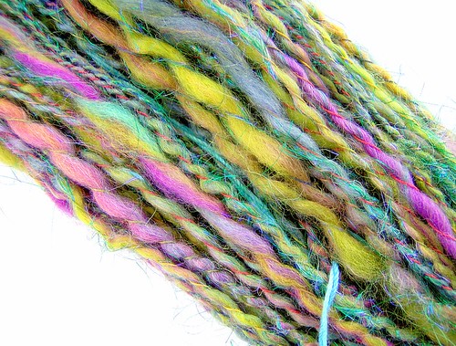 Handspun Blue Face Leicester Yarn with Angelina Fiber and Cotton Binding Thread