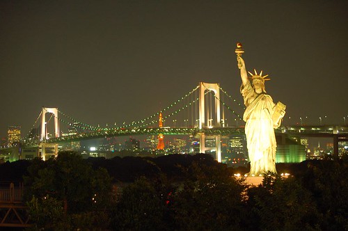Rainbow bridge with Statue of Liberty and Tokyo Tower
