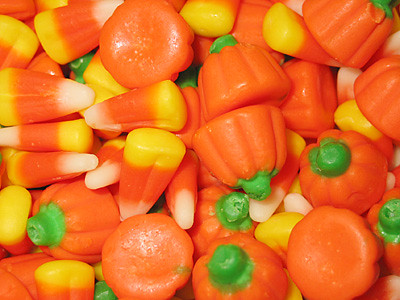 Candy corn and candy pumpkins closeup