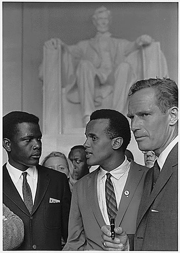 Poitier, Belafonte, and Heston at 1963 March on Washington by USIA (NARA) by pingnews.com.