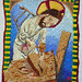 An emboridered Jesus, being a carpenter