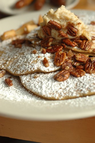 Pumpkin pancakes with ginger mascarpone and candied pecans