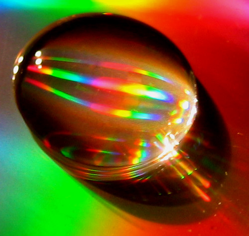 drop of water on a CD resulting in dispersion, diffraction, refraction and reflection