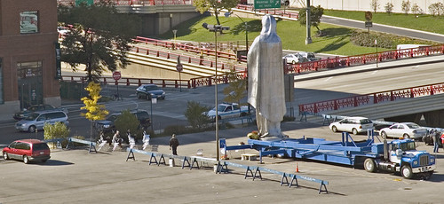Family Planning protest w 50 foot Giant Virgin Mary