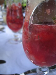 Strawberry, watermelon and pomelo salad with white wine, strawberry and mint granita