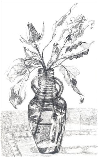 Roses in bottle - value sketch. Graphite in 6×9 Aquabee sketchbook