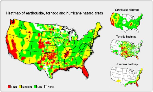 Heat map of earthquake, hurricane and tornado hazard areas