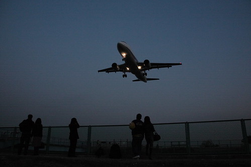 People look up at ANA's A320 in dusk