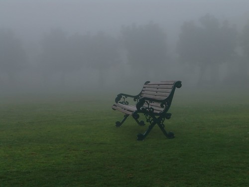 lone bench in fog
