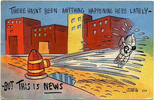 Postcard:  Hydrant Wets Dog.