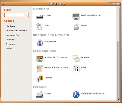 Le centre de configuration de Gnome 2.17.5 sous la Ubuntu Feisty Fawn Herd 2