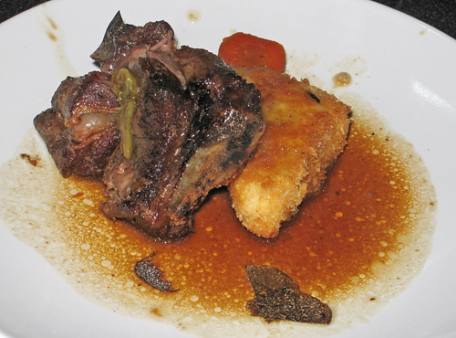 Star anise-braised beef shortribs with black truffles and truffle risotto cake