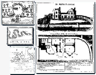 Ejemplos de las primeras infografías publicadas en periódicos: (en grande) La casa de Mr Blight; (en pequeño de arriba a abajo) El ataque a Portobello, Snake Device y el primer mapa meteorológico