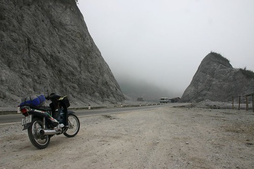 The scooter did a brave job going up this foggy mountain pass between Mai Chau and Moc Chau.
