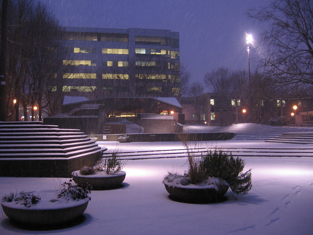 early morning snow, lovejoy fountain plaza