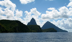  Gros Piton and Petit Piton on St Lucia. These mountains used to be part of the volcano cone before it blew.