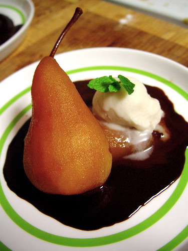 Tea Poached Pears in Chocolate Sauce