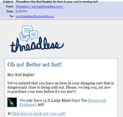 Threadless:  ‘An item in your cart is running out!’ email