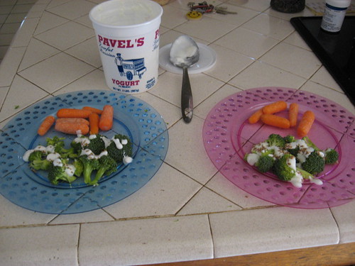 todays meal, carrots, brocolli with plain yogurt sprinkled with bulgur wheat