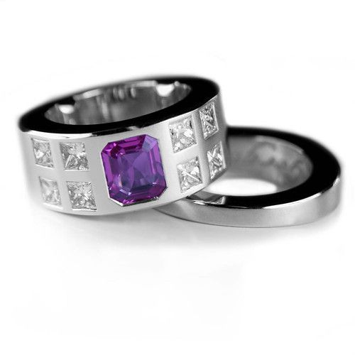 Pink sapphire with princess cut diamonds and matching wedding ring ...