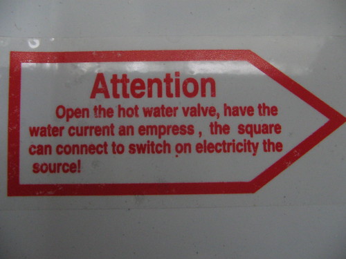 Open the hot water valve, have the water current an empress, the square can connect to switch on electricity the source!