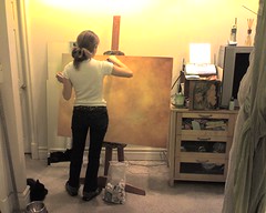 Kristin starting on her latest Mozart painting