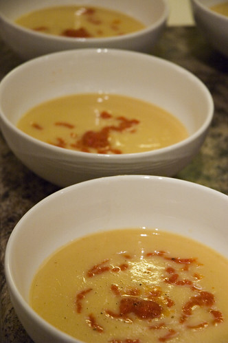 Roasted Parsnip Soup with roasted red pepper coulis