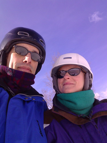 Helmeted Skiers