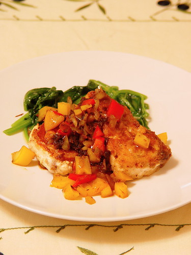 Pan Fried Halibut with Sweet Pepper and Dried Tomato Sauce, Sauteed Spinash