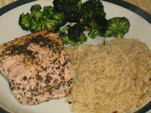 Herbed Salmon with Garlic Broccoli and Pilaf