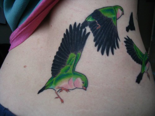 Women with Bird tattoo colour back dark