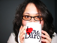 girl drinking out of I love Mr. Darcy coffee mug Jane Austen 