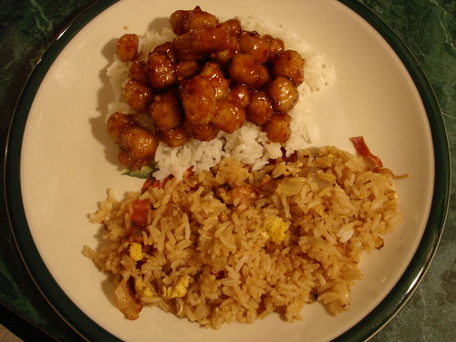 General Tso's tofu, jasmati rice, fried rice