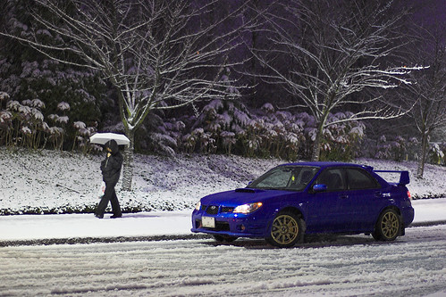Pedestrian and Subaru in the snow