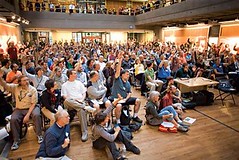 Who's had a wreck with a car? Hundreds of cyclists raise their hands at a recent public meeting about Seattle's Bicycle Master Plan.