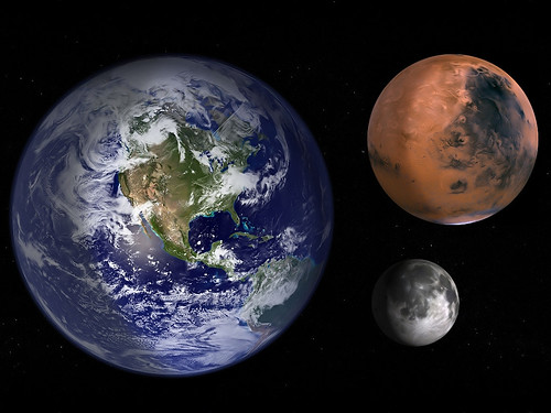Earth Mars and Moon to scale