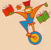 silly man on a unicycle reading books