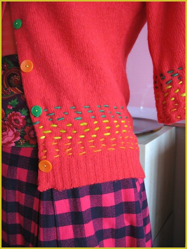 organic stripe sweater and pink check skirt