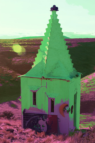 Shrine in green, bowling balls, stair steps, little windows, moon, Karl Krogstad's shrine to cirusanity, portrait on wood, eastern Washington, USA by Wonderlane