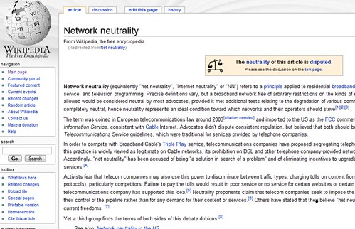 Neutrality of Net Neutrality article on Wikipedia under dispute
