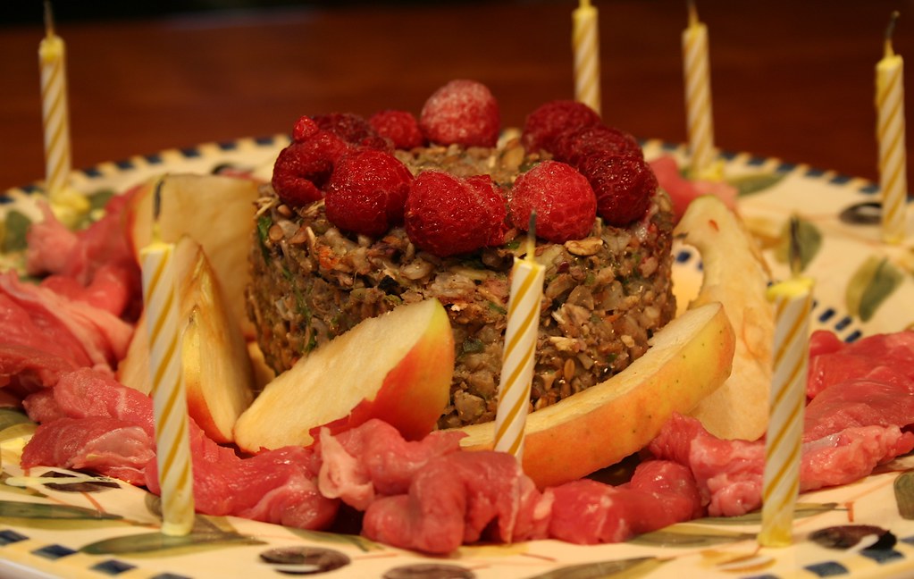 Birthday Cake with Steak, Apples, Raspberries and Salad