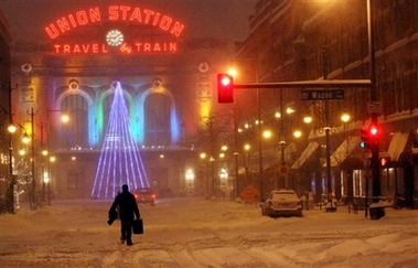 Denver's Union Station in the snow