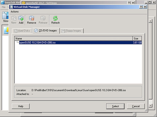 VirtualBox - virtualMachine - openSUSE10.2 - Settings - CD DVD-ROM iso 4