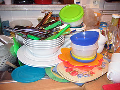 very big pile of dirty dishes