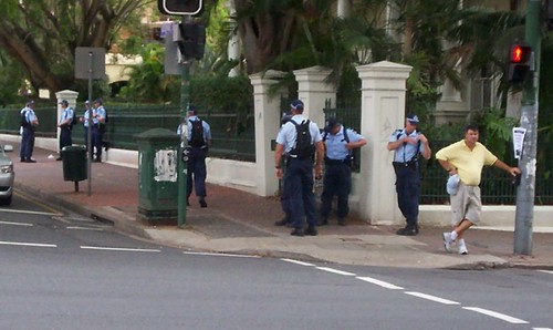 Police on corner of George and Alice Sts, opposite Parliament House - Invasion Day rally, Brisbane, Queensland, Australia 070126