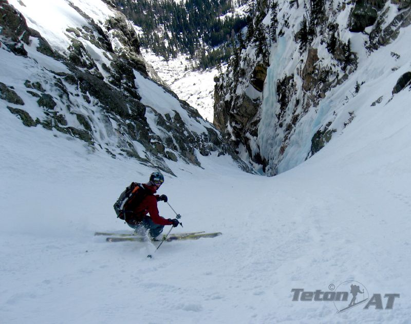 Skiing above the ice in the Apocalypse Couloir